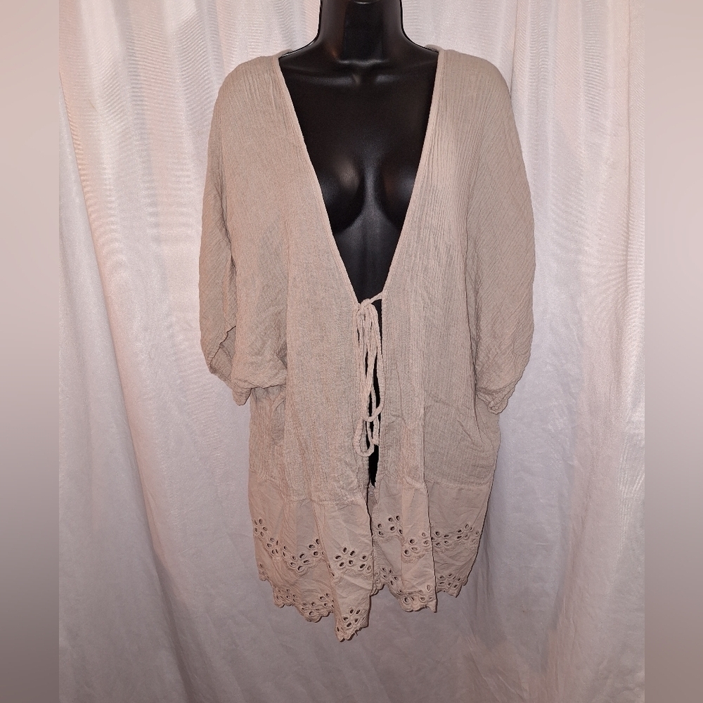 Cream Ruffled 3/4 Sleeve Tie Front Cardigan